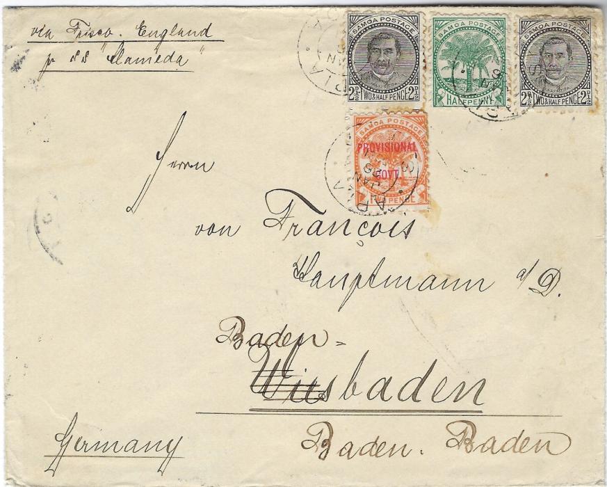 Samoa 1900 (JA 26) cover to Baden-Baden, Germany franked 1896 2½d. black King (2), 1899 ½d. green Palm Trees and 1899-1900 ‘Provisional Government’ 2d. tied Apia cds showing inverted year slug, reverse with N.Z. Marine P.O.  R.M.S. Alameda date stamp of 26 JAN and arrival cds of 23.2.; some toning around stamps.