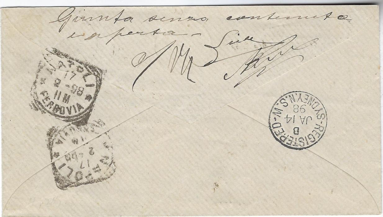 Samoa 1897 (Dec 28) registered cover to Switzerland franked 1899 ½d. Palm Trees vertical pair, 1895-1900 1½d. on 2d. and 3d. on 2d. Registered stamp, tied pair of Apia date stamps, reverse with Sydney transit of JA 14 and two Napoli transits; fine condition