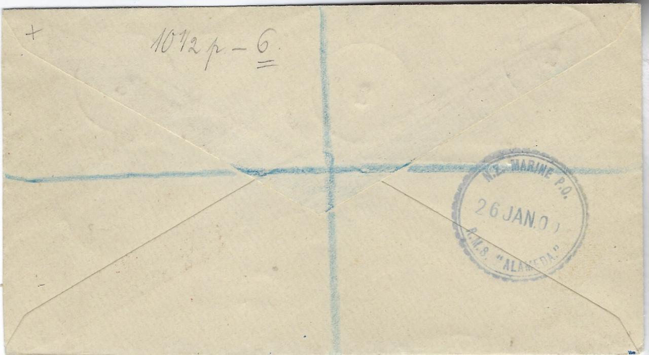 Samoa 1899 (Dec 29) registered multifranked cover to Leipzig, Germany including 3d Registration stamp, two 2½d. on 1s. surcharges and a Provisional Govt 1d. tied Apia date stamps, straight line REGISTERED, London transit, reverse with N.Z. Marine P.O. / R.M.S. Alameda date stamp; fine condition.