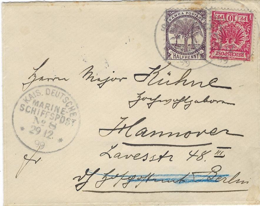 Samoa 1899 (29 12) combination cover with German 10pf. and Palm Tree ½d. to Hannover, cancelled with two Kais. Deutsche Marine Schiffspost No.8 date stamps  of the SMS Cormoran, arrival backstamp of 25.1.00; slight tone at top of  ½d.
