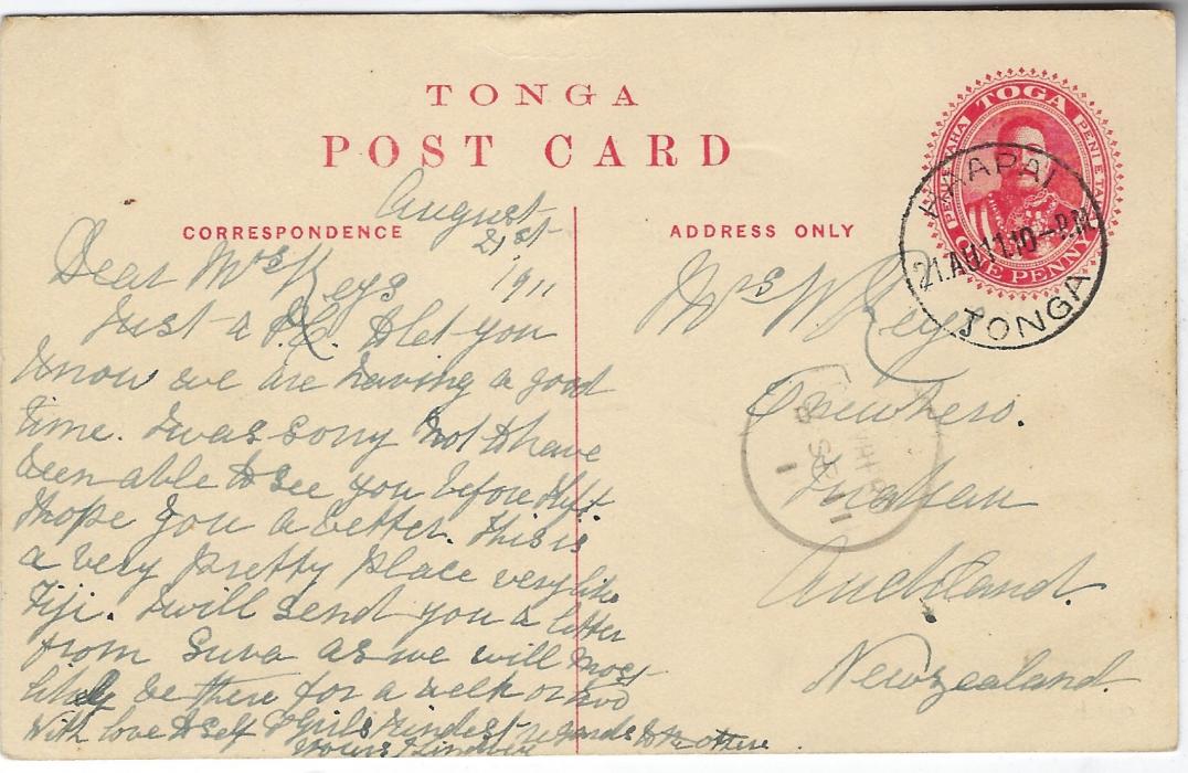 Tonga (Picture Postal Stationery)  1d. card depicting Captain Cooks Tree, Ovava used to New Zealand