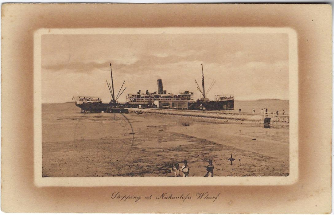 Tonga (Picture Postal Stationery) 1911 1d. card depicting ‘Shipping at Nukualofa Wharf’ uprated with 2d.  with Haapai cds; fine condition.