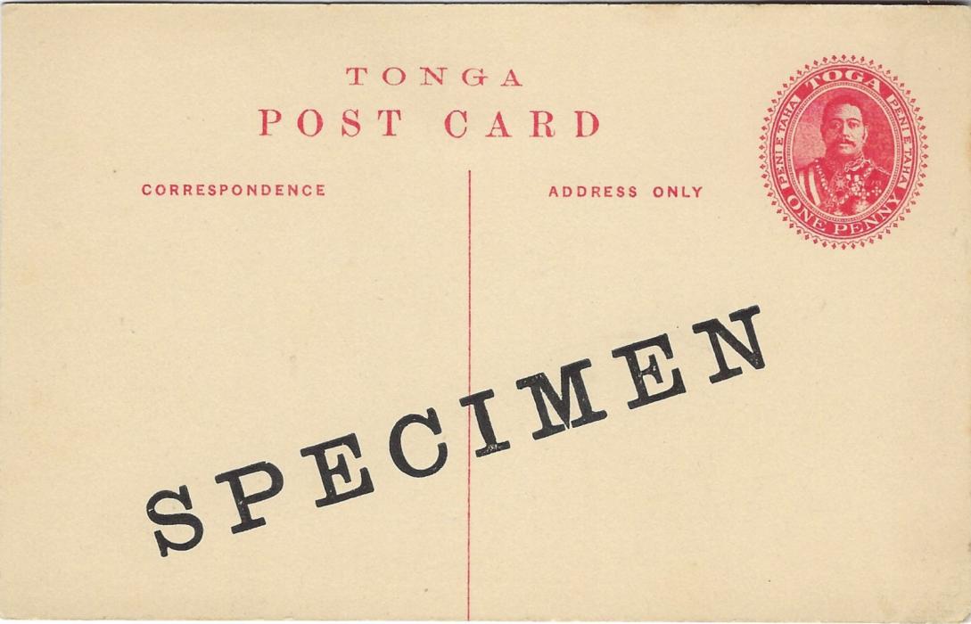 Tonga (Picture Postal Stationery) 1911 1d. card depicting ‘Government Offices’  diagonally overprinted SPECIMEN, fine unused