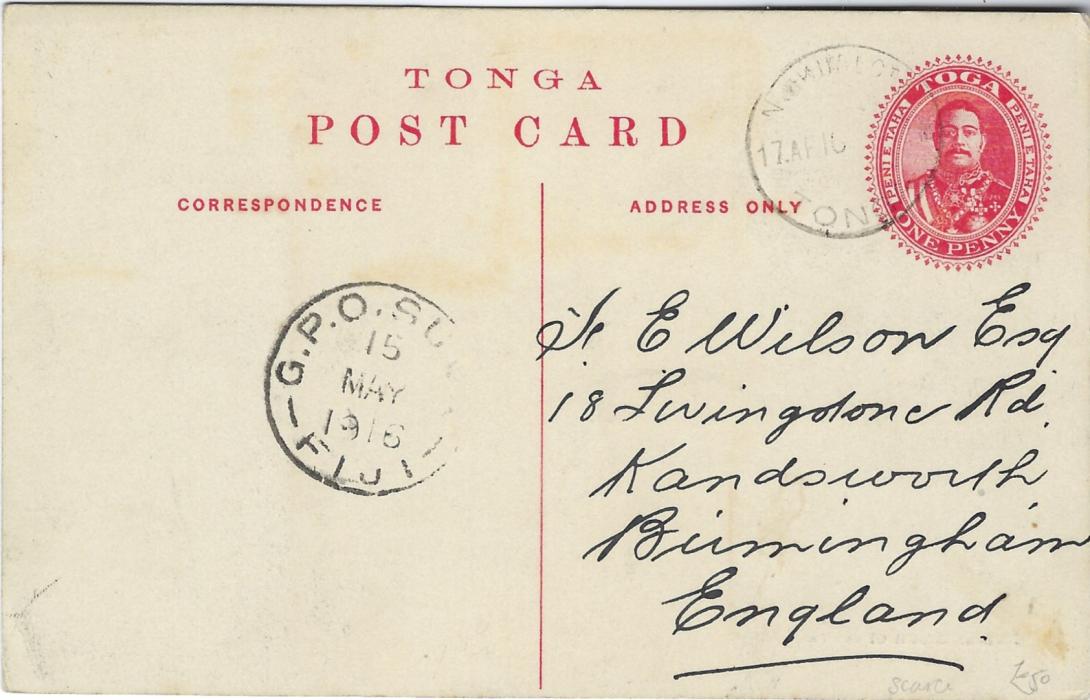 Tonga (Picture Postal Stationery) 1911 1d. card with black image ‘Presentation of Kava’ used to England with Nukualofa despatch cds and Suva Fiji transit.