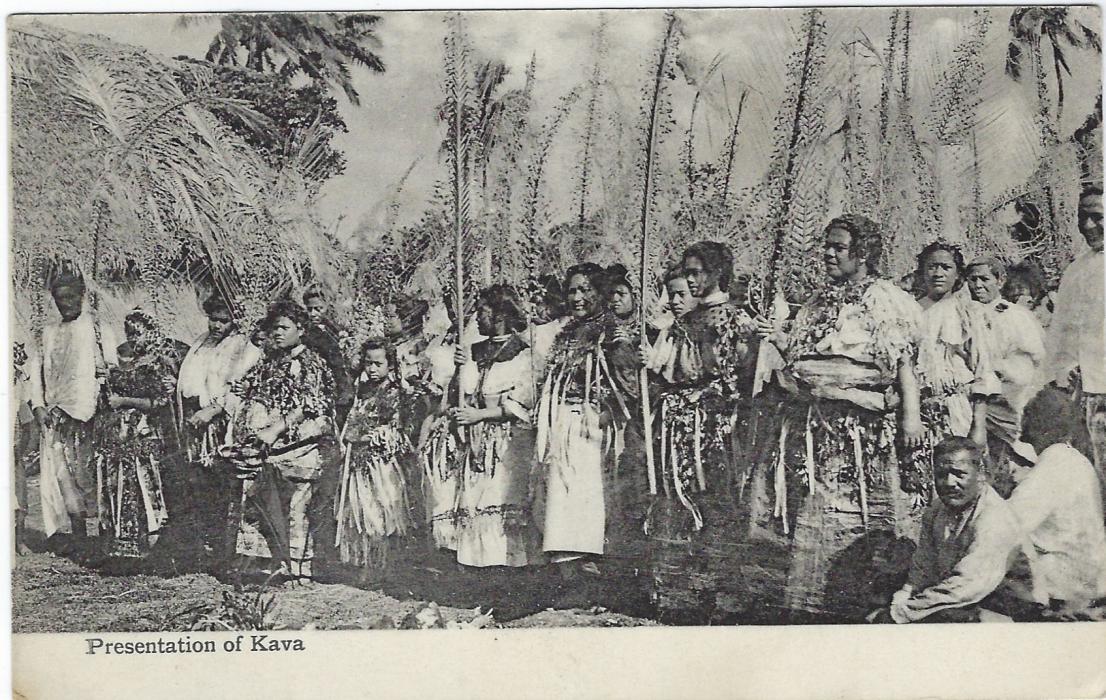 Tonga (Picture Postal Stationery) 1911 1d. card with black image ‘Presentation of Kava’ used to England with Nukualofa despatch cds and Suva Fiji transit.