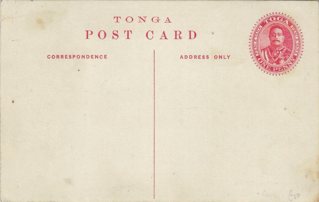 Tonga (Picture Postal Stationery) 1911 1d. card with black image ‘Presentation of Kava’ unused with some slight toning on reverse.
