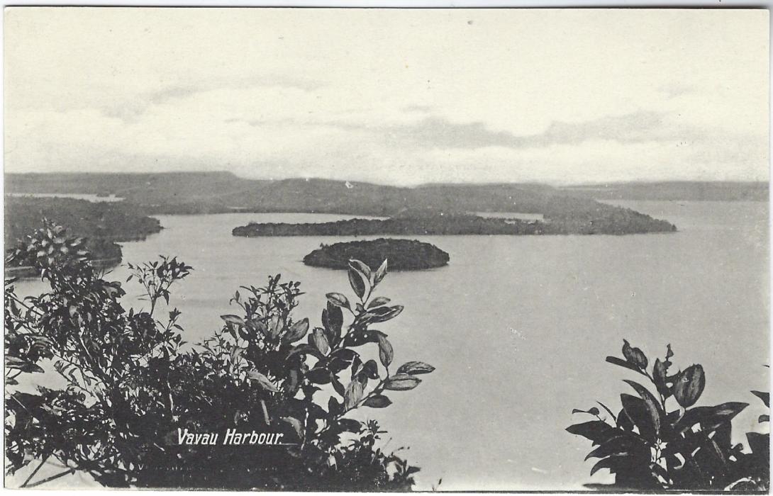 Tonga (Picture Postal Stationery) 1911 1d. card with black image ‘Vavau Harbour’ overprinted diagonally SPECIMEN; fine condition.