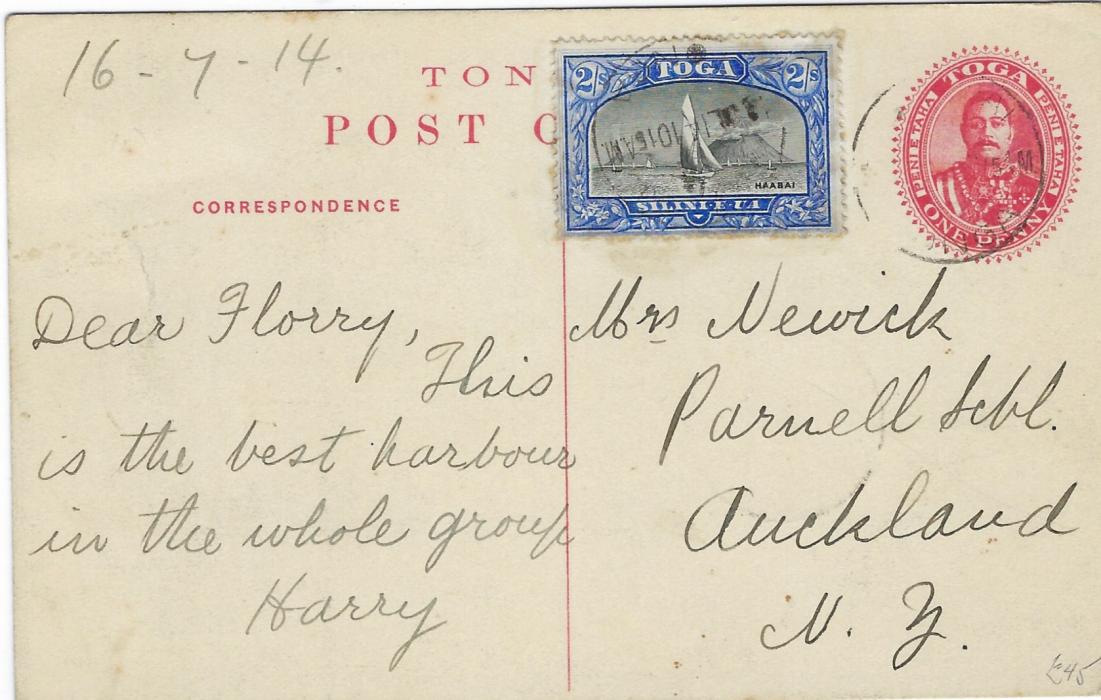 Tonga (Picture Postal Stationery) 1911 1d. card with black image ‘Vavau Harbour’ used 1914 to Auckland, New Zealand and uprated 2s. Yacht; good condition.