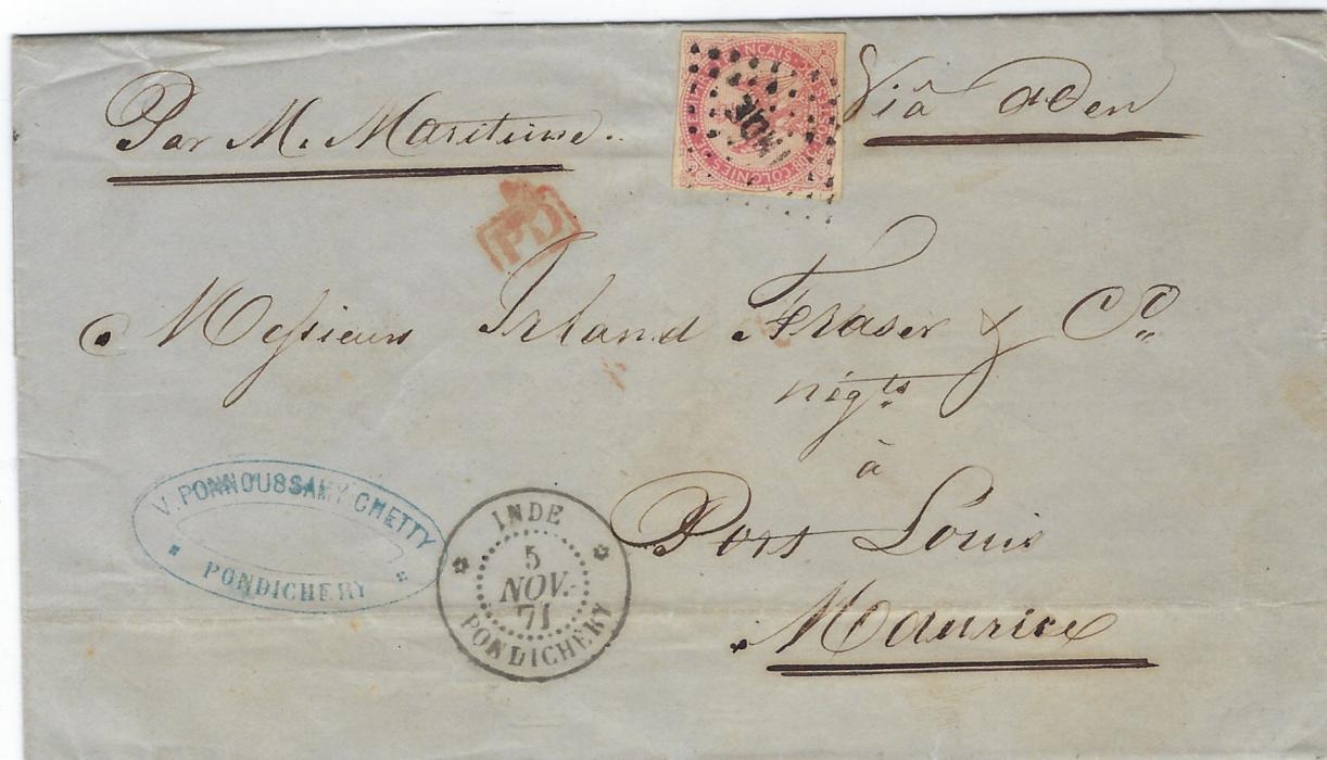 French India 1871 (5 Nov) entire to Mauritius, endorsed “Per M. Maritime” and  “Via Aden” bearing single franking, four margined 80c. ‘Eagle’ tied fine INDE lozenge, Inde Pondichery cds at base, reverse with Mauritius cds of DE 23.
