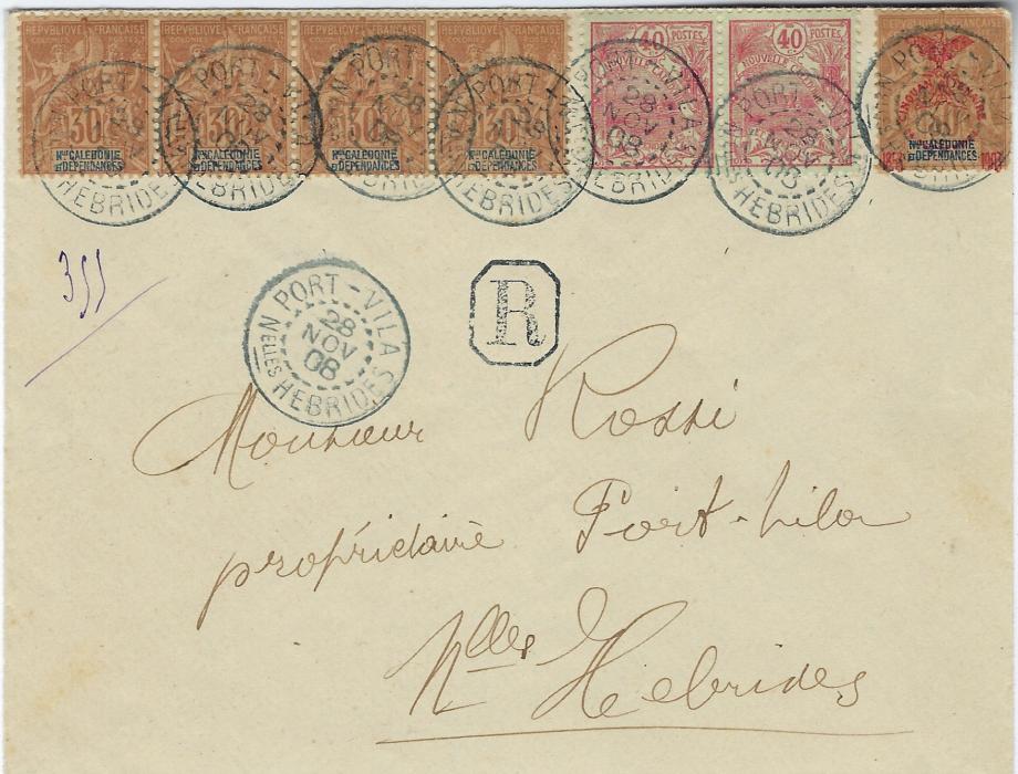 New Hebrides 1908 (28 Nov) registered cover used within Port Vila bearing mixed issues franking of New Caledonia 1892 30c. strip of four, 1903 50th Anniversary of French Annexation 30c. and 1905-07 40c. pair, tied seven Port-Vila Nelles Hebrides cds, ‘R’ octagonal handstamp, without backstamps; fine and attractive.