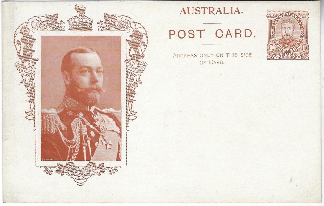 Australia (Picture Postal Stationery) 1911 Coronation King George V red-brown colour image in ornate framed rectangle, white on reverse,  type 2 showing H.W.BARNETT in upper case without stop, BW P4 (2A).Good condition.