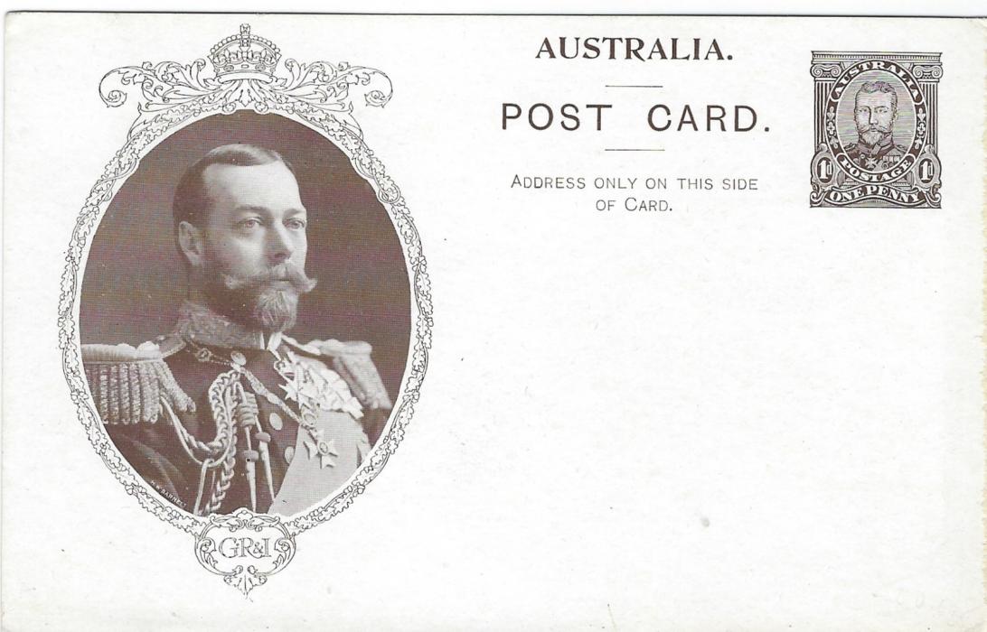 Australia (Picture Postal Stationery) 1911 Coronation King George V purple-brown colour image in oval oak leaf frame, dark background, white on reverse,  portrait  54mm high, type 1 showing H.W.BARNETT first ‘T’ falls on sleeve fold, BW P8 (1A).Good condition.