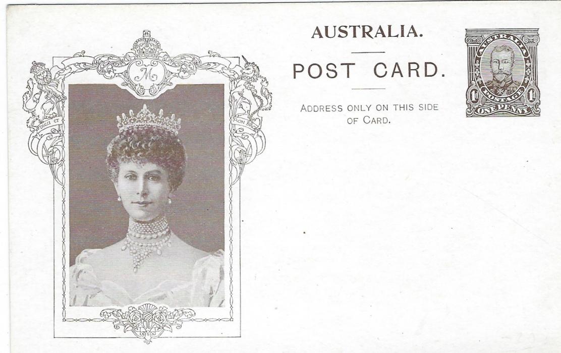 Australia (Picture Postal Stationery) 1911 Coronation Queen Mary purple-brown colour image in ornate unshaded rectangle, white on reverse, BW P13A. Good condition.