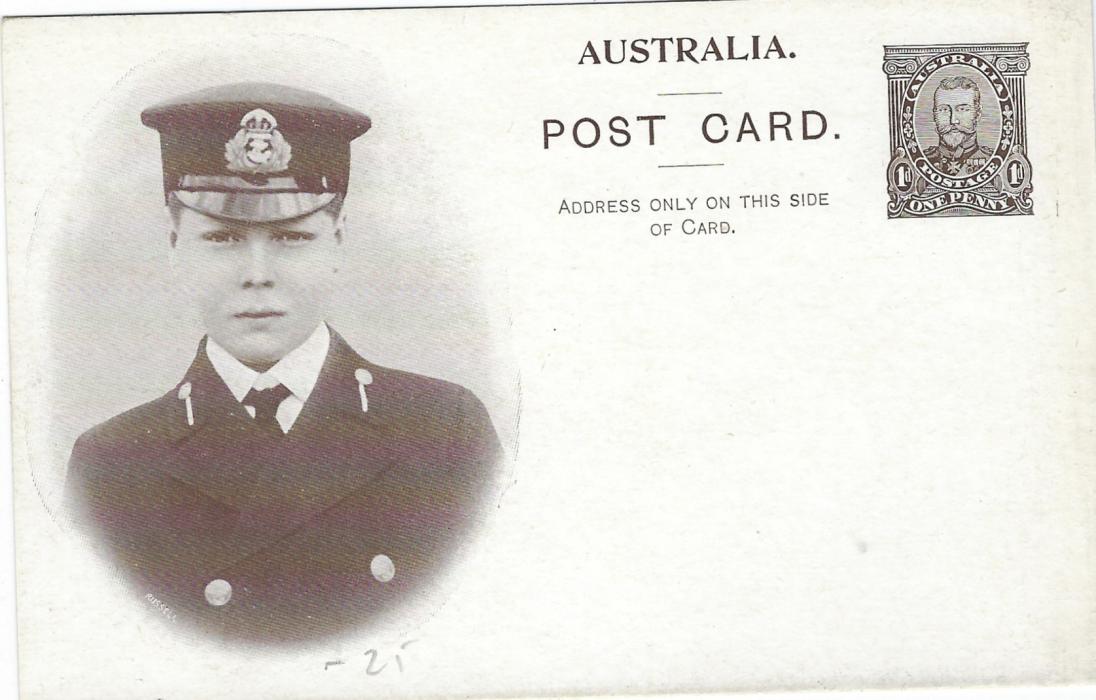 Australia (Picture Postal Stationery) 1911 Coronation Prince of Wales purple-brown colour image in unframed oval, white on reverse, Russell in left border opposite coat button, BW P16A. Good condition.