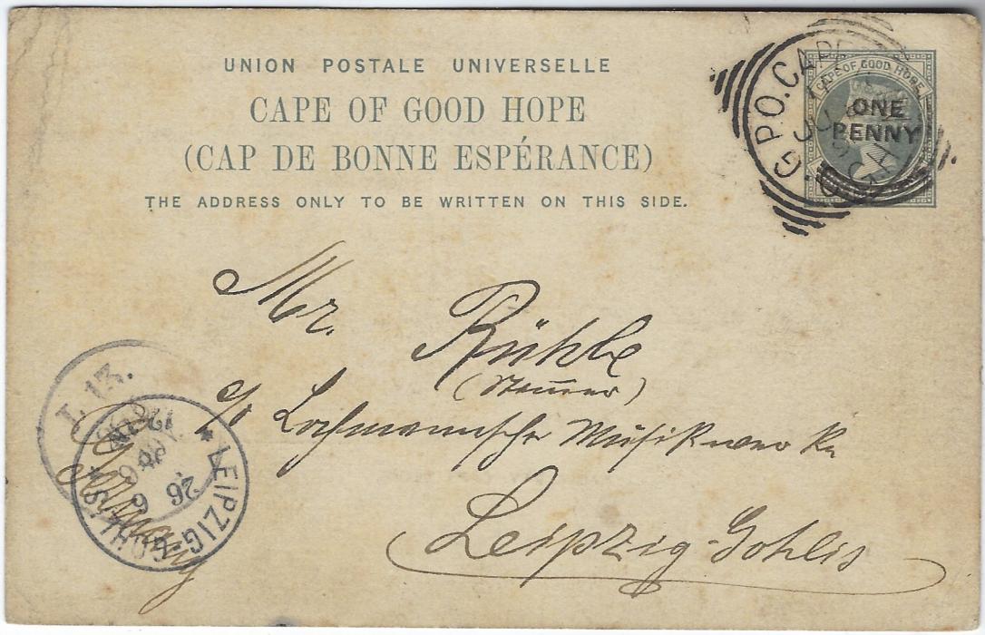 Cape of Good Hope (Picture Postal Stationery) 1899 ONE PENNY overprinted card entitled ‘Table Bay, Cape Town’ in red-brown used to Germany; slight toning mainly on reverse.