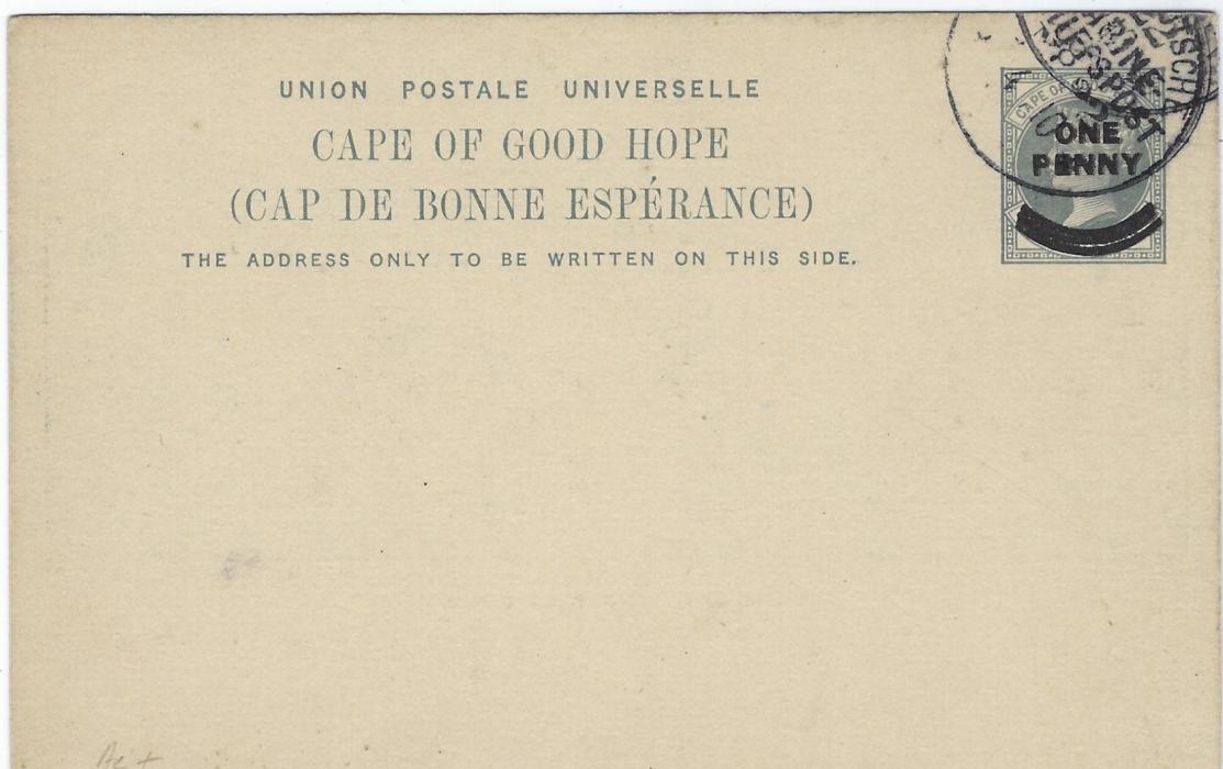 Cape of Good Hope (Picture Postal Stationery) 1899 ONE PENNY overprinted card entitled ‘House of Assembly, Cape Town’ in deep blue cto used with Deutsche Marine Schiffspost cancel.