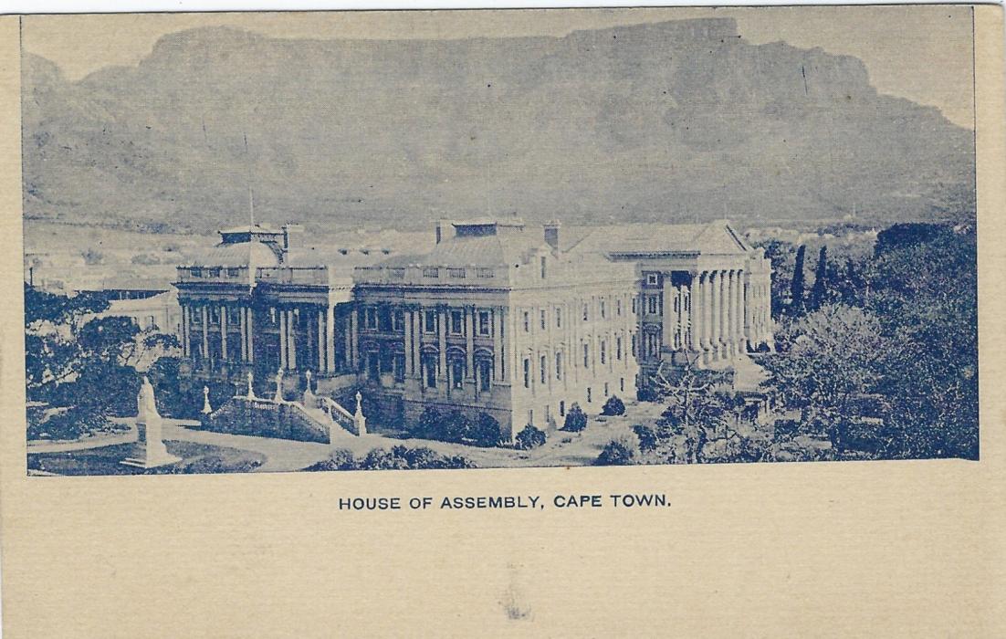 Cape of Good Hope (Picture Postal Stationery) 1899 ONE PENNY overprinted card entitled ‘House of Assembly, Cape Town’ in deep blue cto used with Deutsche Marine Schiffspost cancel.
