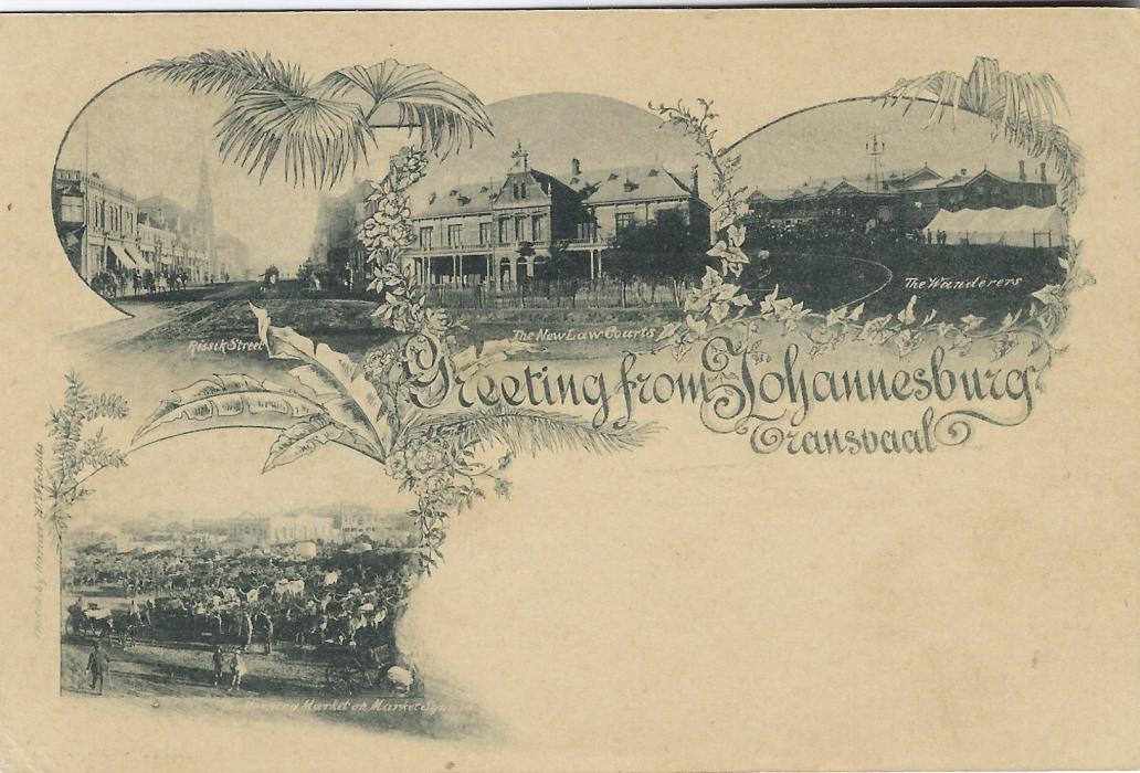 Transvaal (Picture Postal Stationery) 1897 1 Penny rose-carmine card entitled Greeting from Johannesburg/ Transvaal bearing four small images including Cattle Market, Rissik Street, Law Courts and The Wanderers; fine unused