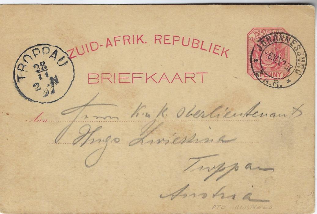 Transvaal (Picture Postal Stationery) 1897 1 Penny rose-carmine card with single image entitled Kafir Mining Boys, used from Johannesburg to Troppau, Austria.