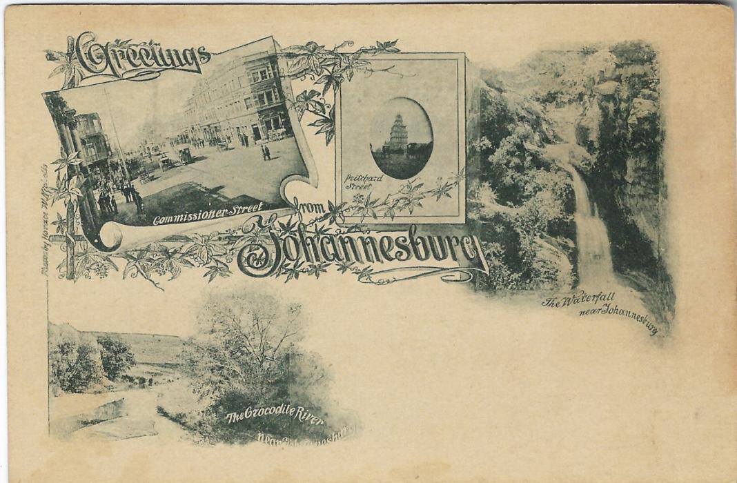 Transvaal 1897 1 Penny rose-carmine card entitled Greetings from Johannesburg bearing four small images The Crocodile River, Commissioner Street, Pritchard Street, The Waterfall; some toning mostly on reverse, unused.
