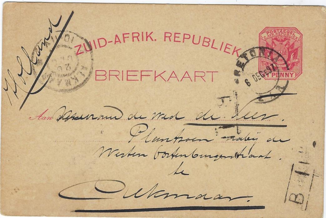 Transvaal (Picture Postal Stationery) 1897 1 Penny rose-carmine card entitled Greetings from Johannesburg bearing four small images The Crocodile River, Commissioner Street, Pritchard Street, The Waterfall, used from Pretoria to Holland.