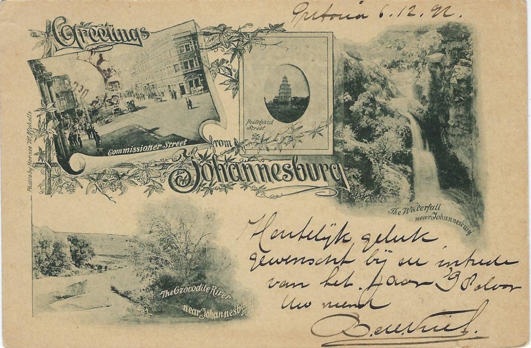 Transvaal (Picture Postal Stationery) 1897 1 Penny rose-carmine card entitled Greetings from Johannesburg bearing four small images The Crocodile River, Commissioner Street, Pritchard Street, The Waterfall, used from Pretoria to Holland.