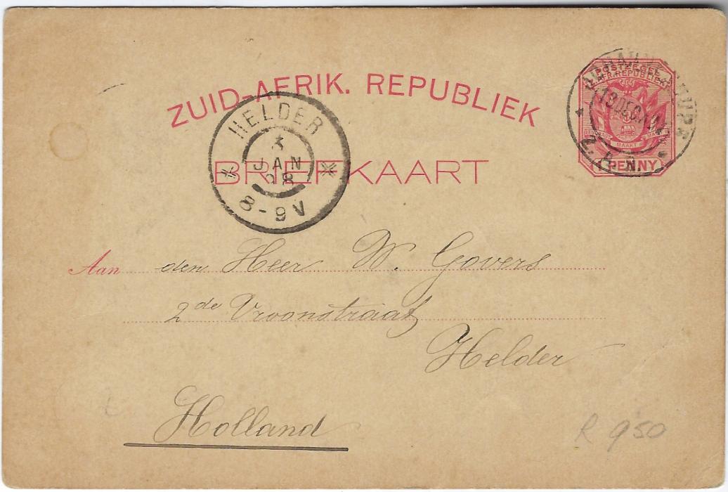Transvaal (Picture Postal Stationery) 1897 1 Penny rose-carmine card entitled Greetings/ from Johannesburg/ South Africa bearing four small images entitled Cyanide Works, Between the Chains, Joubert’s Park and Market Square. With additional printed Christmas and New Years greetings, used 13 Dec 1897 to Helder, Holland arriving 3 Jan. Fine and scarce.