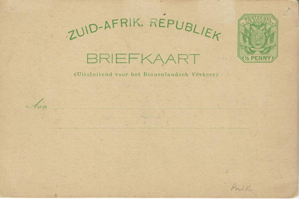 Transvaal (Picture Postal Stationery) Late 1890s ½ Penny green card with single image entitled ‘Onze Gedachten Zijn Met U’ (Our thoughts are with you) and depicting President Kruger and Wife; a couple of small pinholes at top, unused.