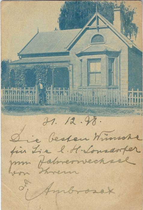 Transvaal (Picture Postal Stationery) 1898 (31.12.) ½ Penny green card  with blue unidentified image (but believed to be the premises of the German Consulate in Pretoria) used within Pretoria with New Year message.