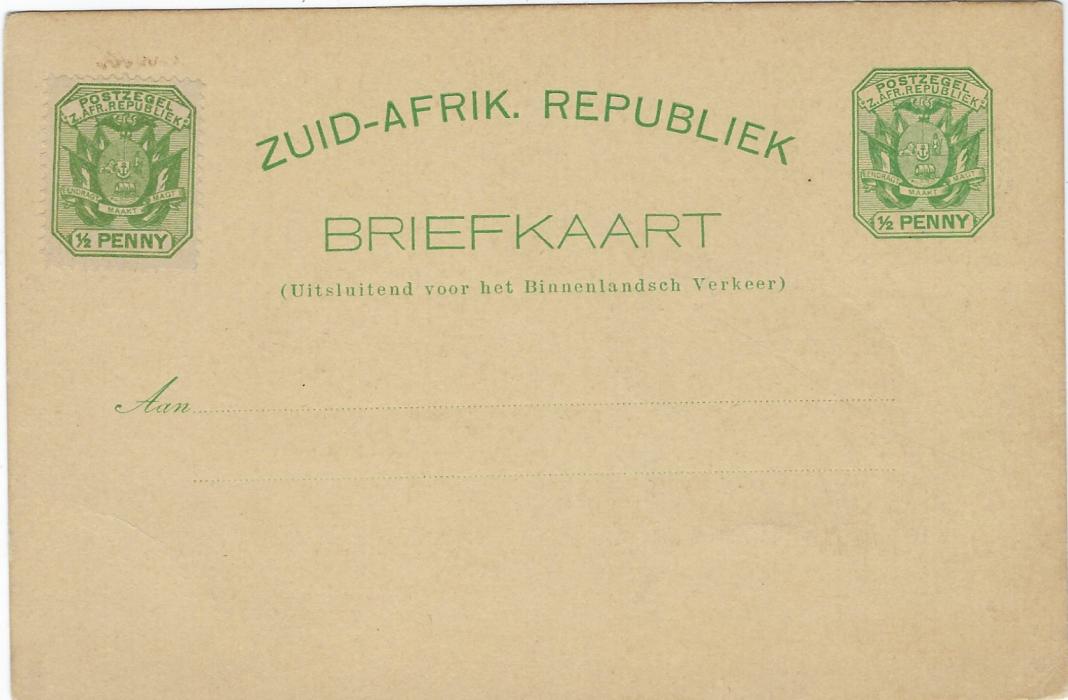 Transvaal (Picture Postal Stationery) Late 1890s ½ Penny green card entitled Greetings from Transvaal with iamge of President Kruger, an extra ½ Penny stamp added at left; good unused.