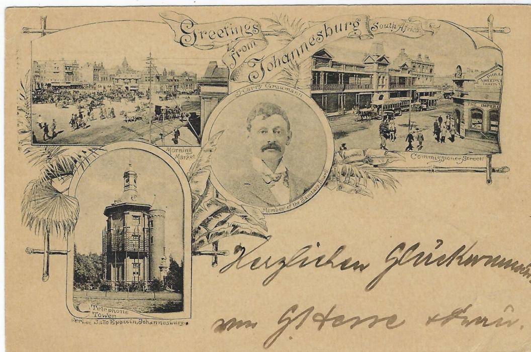 Transvaal (Picture Postal Stationery) 1897 (27.12.) ½ Penny green card with additional ½d. removed at left entitled  ‘Greetings from Johannesburg’ with four small images Telephone Tower, Morning Market, Harry Graumann member of the Sanitary Board and Commissioner Street, used to Wiesbaden, Germany.