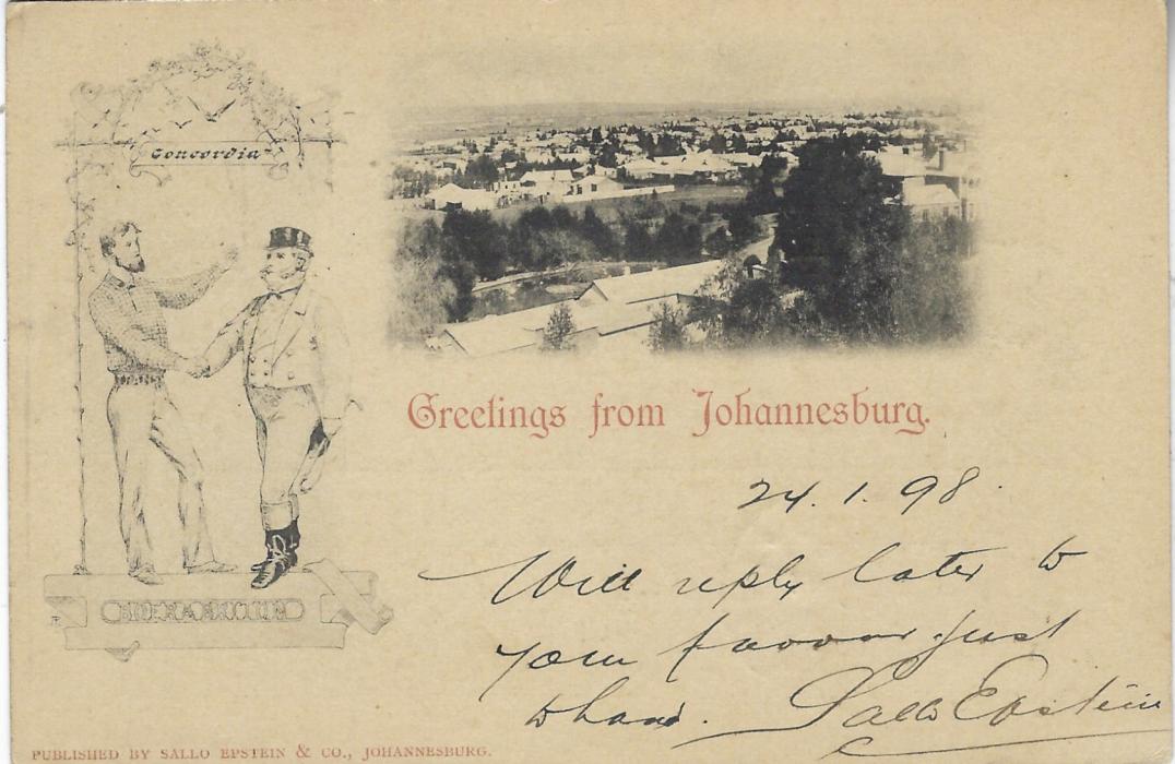 Transvaal (Picture Postal Stationery) 1898 (24.1.) ½ Penny green card with additional ½d. at left entitled  ‘Greetings from Johannesburg’ with a general view and at left artist peace image entitled Concordia Boer & Briton, used to Kimberley; good condition.