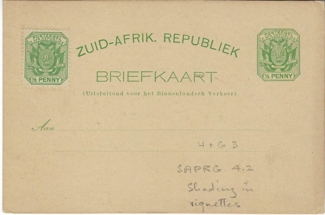 Transvaal (Picture Postal Stationery) Late 1890s ½ Penny with further ½d. at left, entitled Greetings from Pretoria bearing three images Banks, President Kruger and Government Buildings with Dutch Reformed Church, fine unused