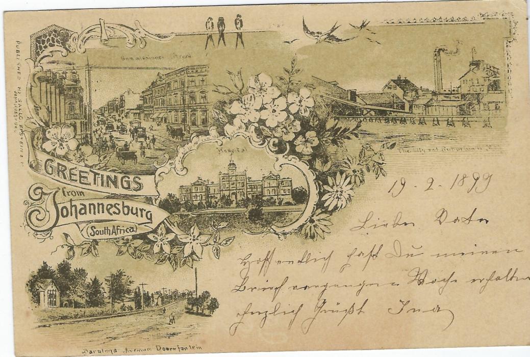 Transvaal (Picture Postal Stationery) Late 1890s ½ Penny with further ½d. at left, entitled Greetings from Johannesburg  bearing four  images Dormfontein, Commissioner Street, Hospital and Mine, used to Eitorf, Germany; good condition.