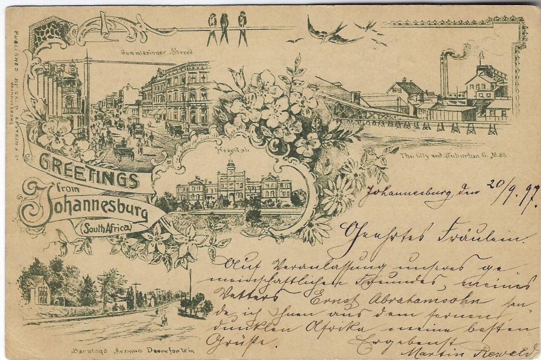 Transvaal (Picture Postal Stationery) Late 1897 1 Penny carmine and green entitled Greetings from Johannesburg  bearing four  images Dormfontein, Commissioner Street, Hospital and Mine, used to Charlottenburg, Germany; good condition.