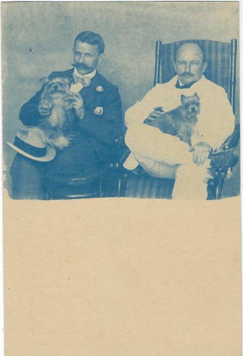 Transvaal (Picture Postal Stationery) Late 1890s 1 Penny carmine and green card with blue half image of two gentlemen with their dogs; fine unused, a rare image.