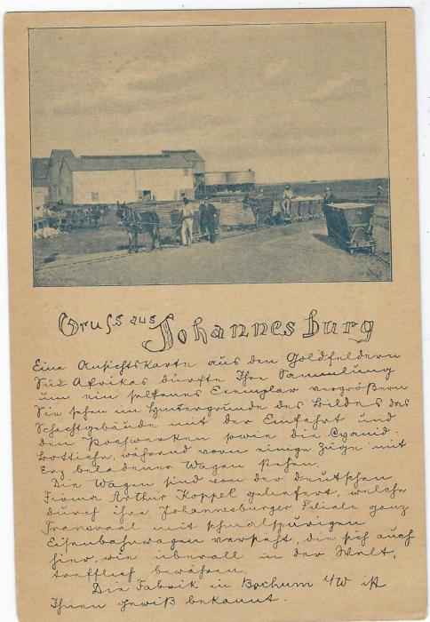 Transvaal (Picture Postal Stationery) 1898 1 Penny carmine and green card entitled Gruss aus Johannesburg  with image of donkeys pulling carts on rail lines, used to Bochum, Germany