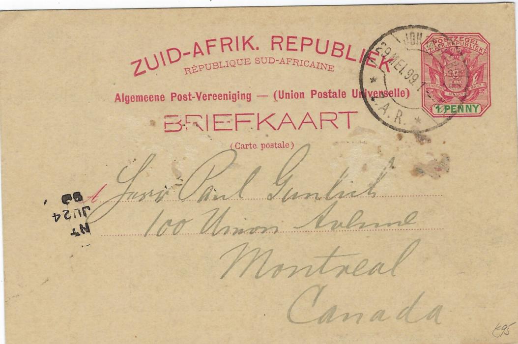 Transvaal (Picture Postal Stationery) 1899 (29 Mei) 1 Penny carmine and green card entitled Greetings from Johannesburg  with image of York G M Co, Gold Mine, used to Montreal, Canada. This is the earliest recorded usage of this postcard view.