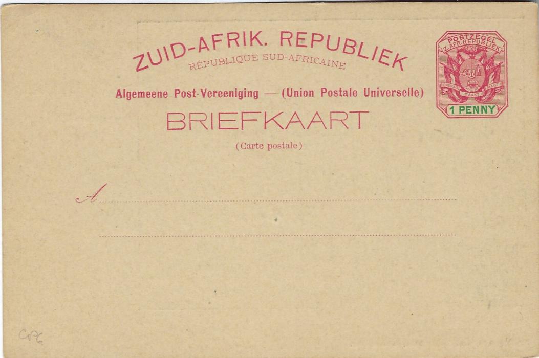 Transvaal (Picture Postal Stationery) Late 1890s 1 Penny carmine and green card entitled Greetings from Johannesburg  with image of Wolhuter  G M Co, Gold Mine, fine unused.