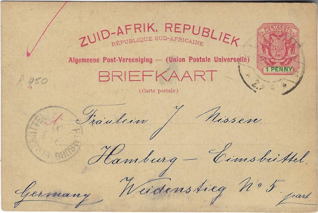 Transvaal (Picture Postal Stationery) 1900 1 Penny carmine and green card entitled Greetings from Johannesburg  with image of Joubert Park Fountain, used to Hamburg.