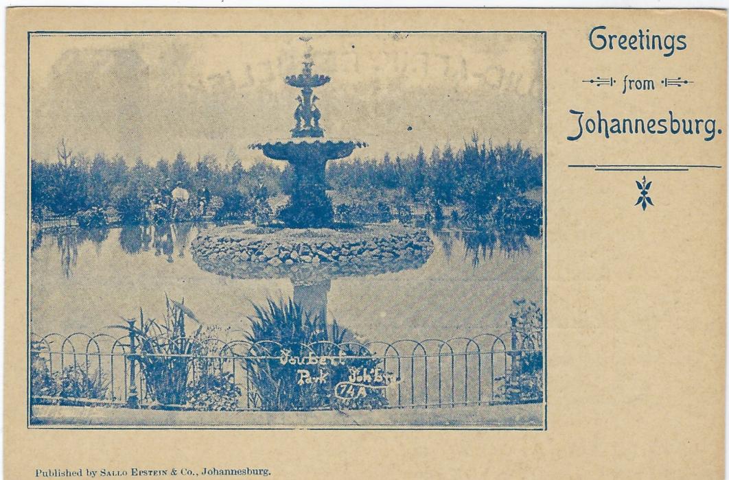 Transvaal (Picture Postal Stationery) 1900 1 Penny carmine and green card entitled Greetings from Johannesburg  with image of Joubert Park Fountain, fine unused