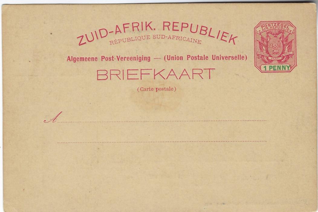 Transvaal (Picture Postal Stationery) Late 1890s 1 Penny carmine and green card entitled Greetings from Johannesburg  with image ‘Reminiscence of the 1895 Revolution, The Australian Brigade’ fine unused.