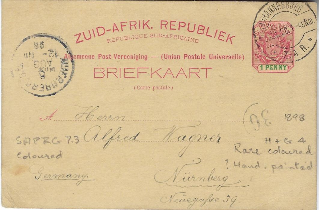Transvaal (Picture Postal Stationery) Late 1890s 1 Penny carmine and green card entitled Greetings from Johannesburg  with rare coloured  image ‘Commissioner Street’ good used to Nurnberg.