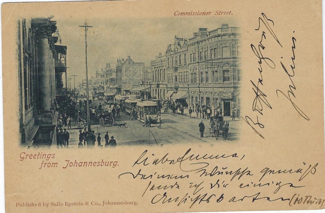 Transvaal (Picture Postal Stationery) Late 1898 (3 APR) 1 Penny carmine and green card entitled Greetings from Johannesburg  with blue-black  image ‘Commissioner Street’ good used to Breslau. The earliest known usage of this postcard view, some slight corner creases.