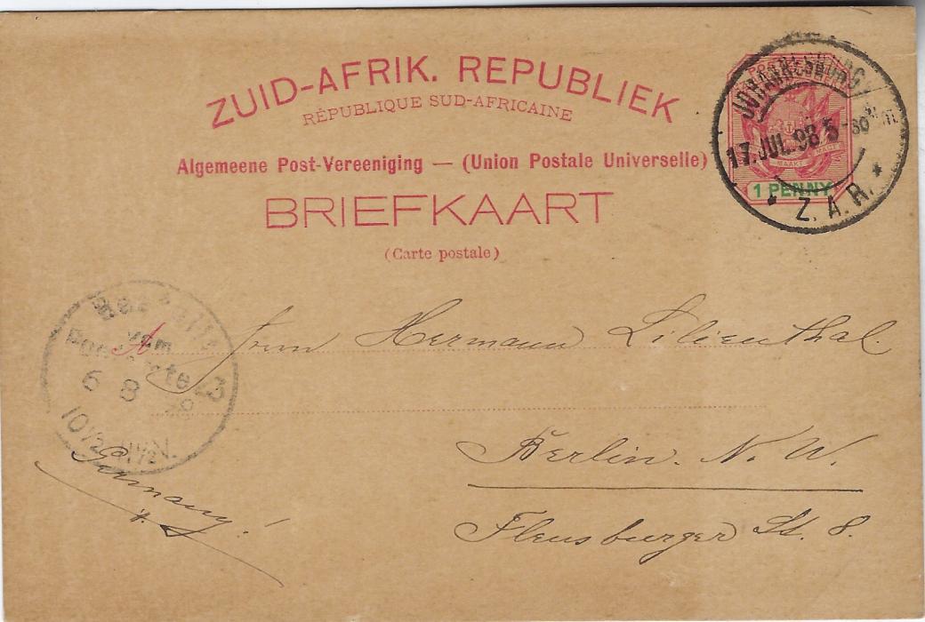 Transvaal (Picture Postal Stationery) 1898 1 Penny carmine and green card entitled Greetings from Johannesburg with colour images of Telephone Tower and Pritchard Street, used to Berlin; some overall paper toning.