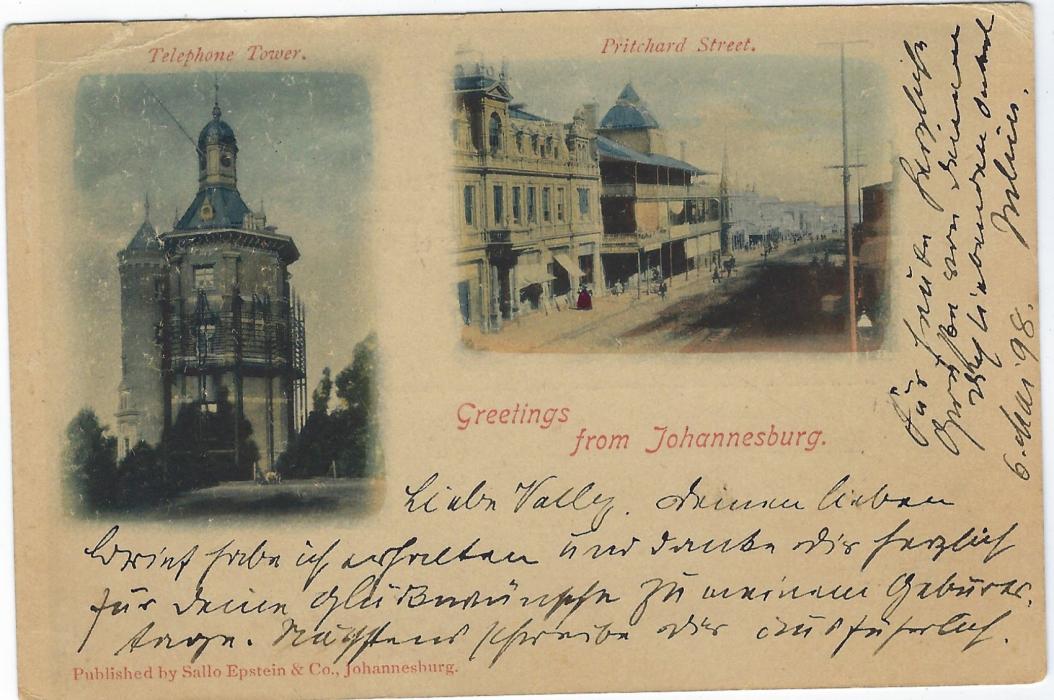 Transvaal (Picture Postal Stationery) 1898 (6 Mei)  1 Penny carmine and green card entitled Greetings from Johannesburg with colour images of Telephone Tower and Pritchard Street, used to Breslau; top corner fault. Written on the 6th, the earliest known usage though cancel shows 9th or is this an inverted ‘6’.