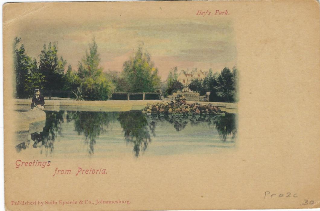 Transvaal (Picture Postal Stationery) 1898 (28 Mrt)  1 Penny carmine and green card entitled Greetings from Pretoria with image of Hey’s Park, hand coloured, unused with corner crease and light overall paper toning.