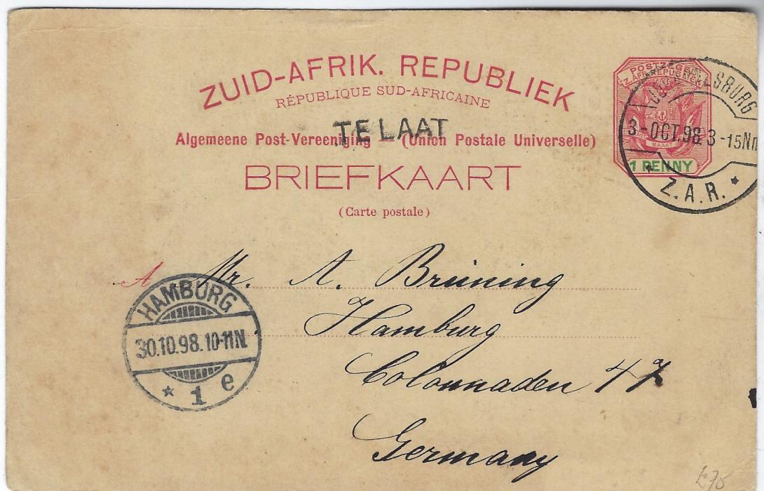 Transvaal (Picture Postal Stationery) 1898 (3 Oct)  1 Penny carmine and green card entitled Greetings from Johannesburg  with image Between the Chains, a busy street scene outside the Stock Exchange, used to Hamburg with TE LAAT handstamp. This is the earliest known usage of this postcard view.