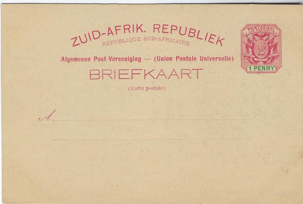 Transvaal (Picture Postal Stationery) Late 1890s  1 Penny carmine and green card entitled Greetings from Africa  with image of Native Village on the East Coast, at least partly hand-painted, fine unused.