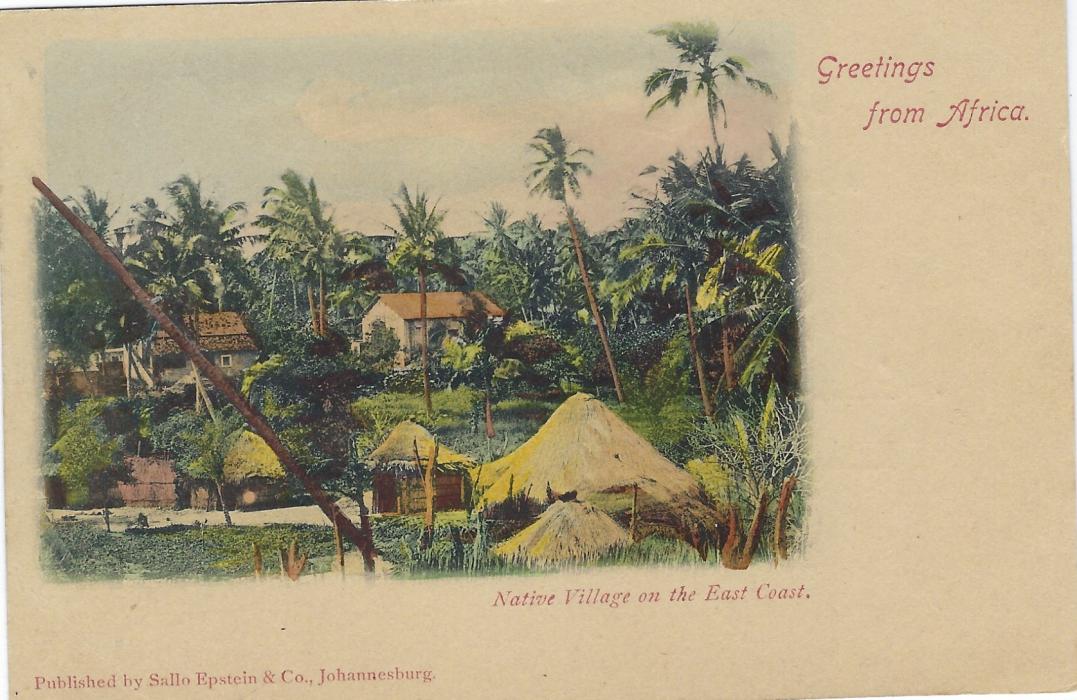 Transvaal (Picture Postal Stationery) Late 1890s  1 Penny carmine and green card entitled Greetings from Africa  with image of Native Village on the East Coast, at least partly hand-painted, fine unused.